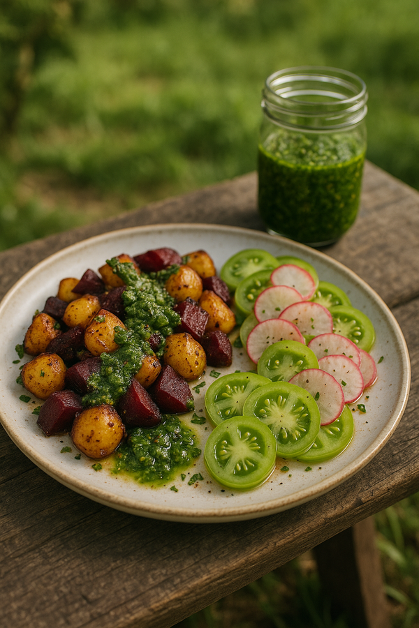 Roasted Beet & New Potato Hash with Garlic Scape Chimichurri + Pickled Green Tomato & Radish Salad