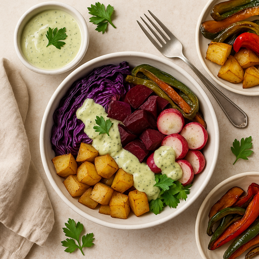 Roasted Garden Veggie Bowl with Creamy Pepper Sauce Harvick Farms