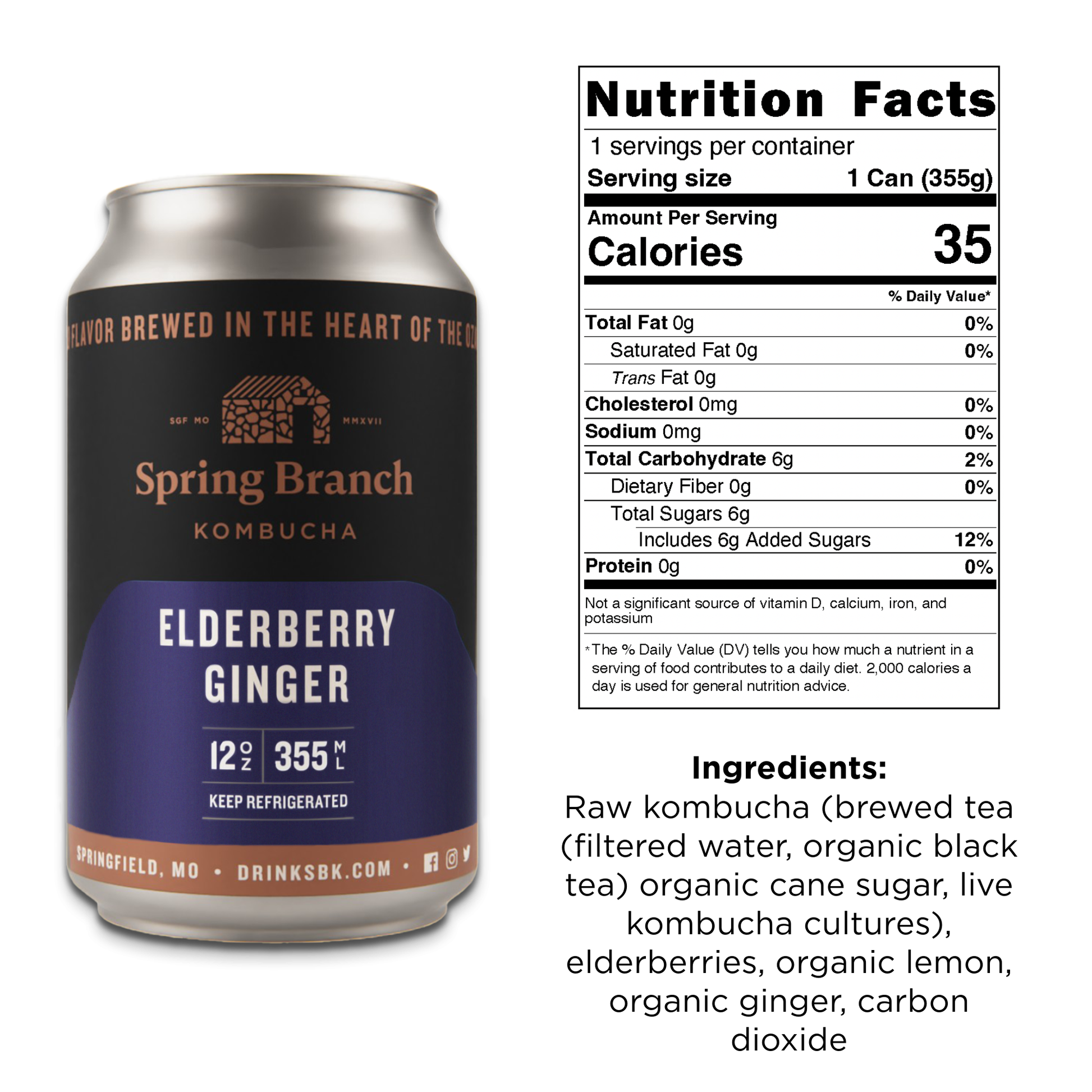 Elderberry Ginger Kombucha - Low Sugar, Gluten-Free, 12 oz Spring Branch Kombucha