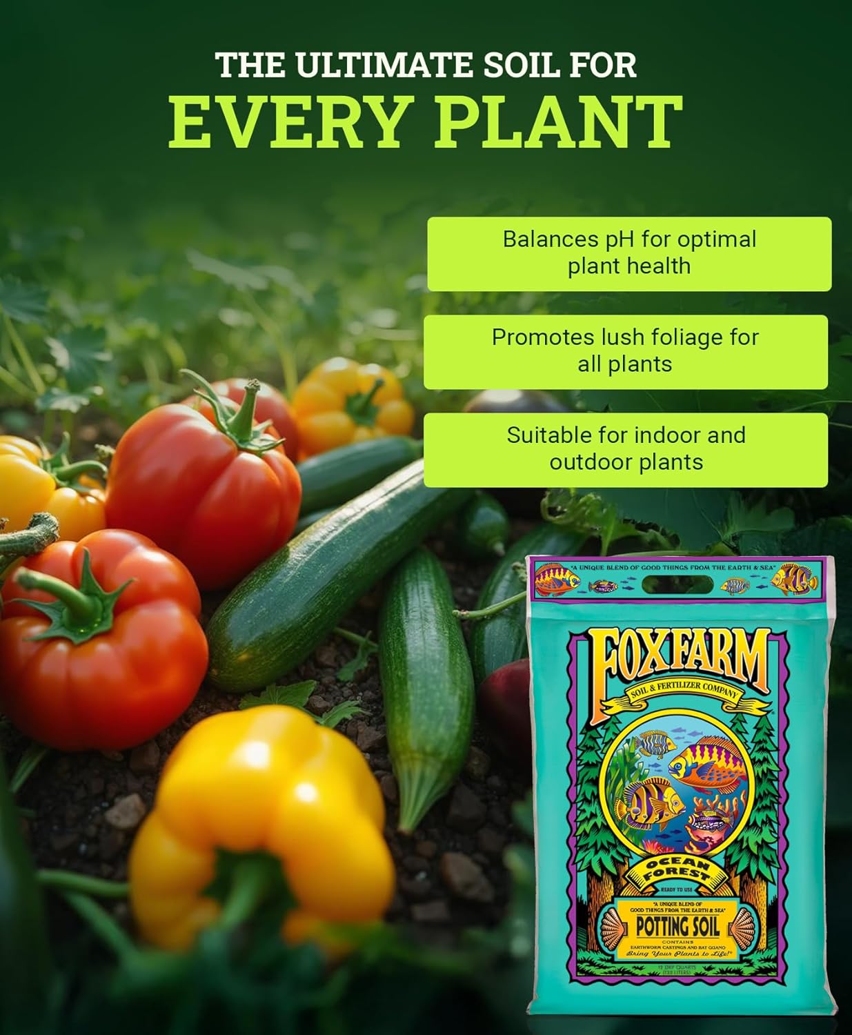 Fox Farm potting soil package with vegetables on a green background