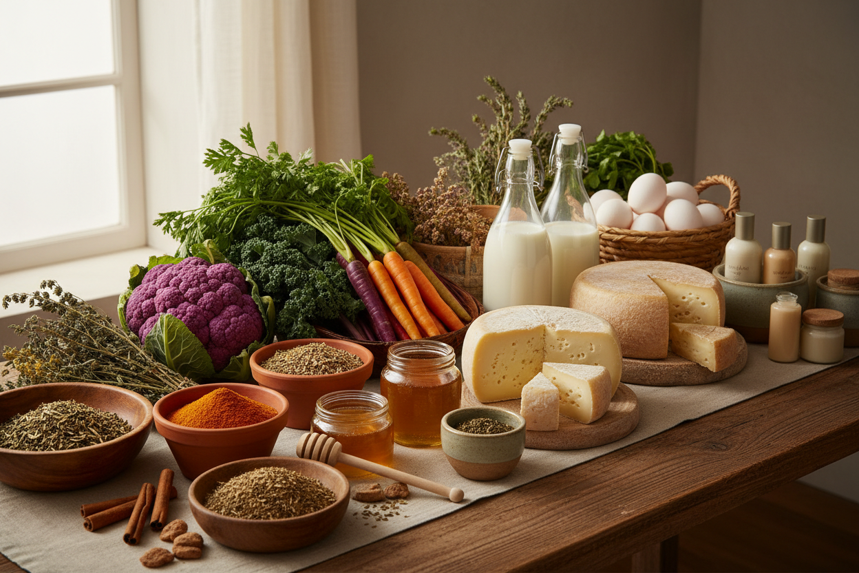 blended image of produce, teas, spices, eggs, milks, cheese, honey, lotions