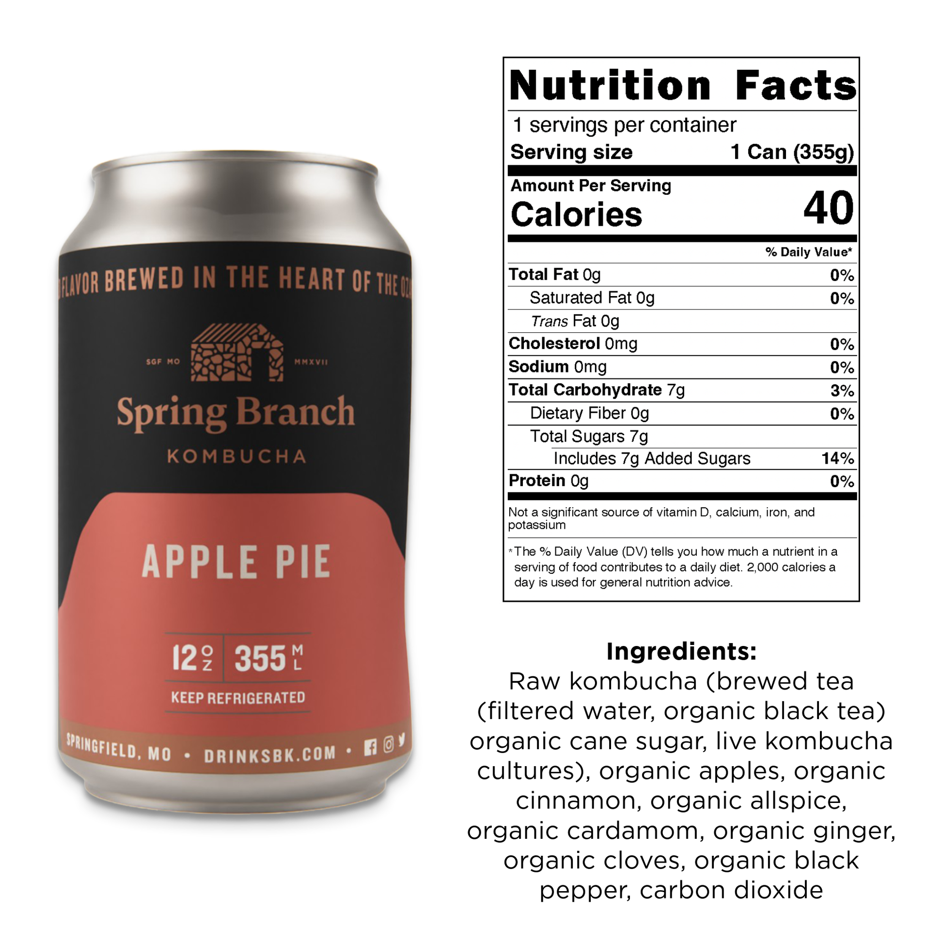Apple Pie Kombucha - Low Sugar, Gluten-Free, Vegan, 12 oz Spring Branch Kombucha